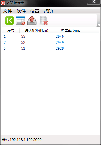 三次測(cè)量日本Panasonic充電式?jīng)_擊起子得到的最大扭矩值和沖擊數(shù)發(fā)送到電腦上的數(shù)據(jù)
